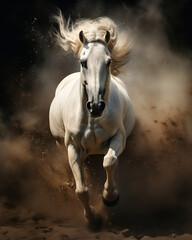 White horse run forward in dust on dark background, generative ai 