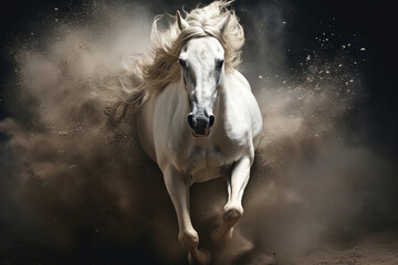 Naklejka na ściany i meble White horse run forward in dust on dark background, generative ai 