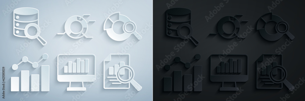 Poster set monitor with graph chart, search data analysis, financial growth, document, pie infographic and 