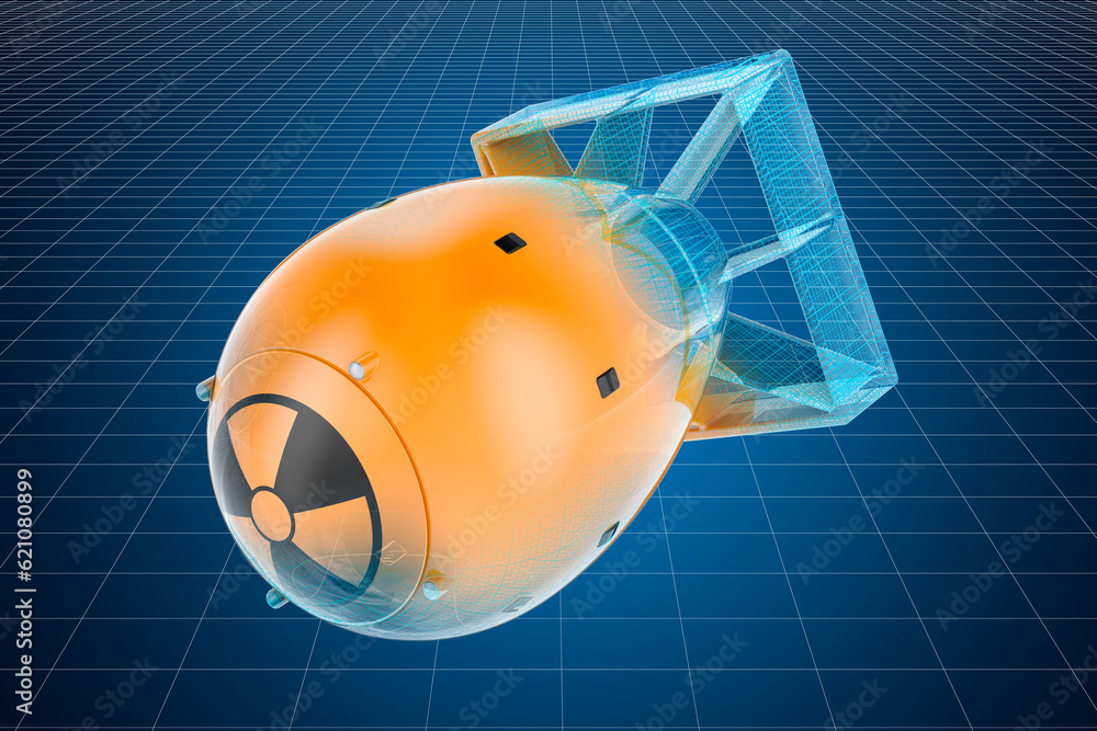 Poster visualization 3d cad model of nuclear bomb, 3d rendering