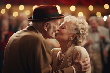 Mature Romance: Senior Newlyweds Share a Beautiful Wedding Kiss.