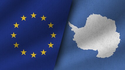 Antartica and European Union Realistic Two Flags Together, 3D Illustration