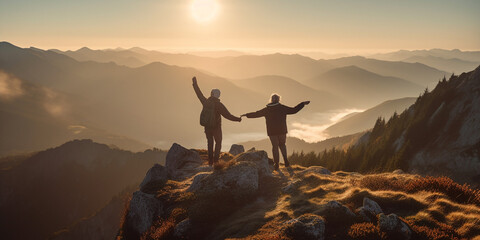 Elderly man and woman joyfully jump on the top of the mountain at sunrise or sunset, view from the back. Generative AI