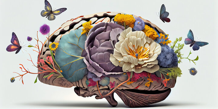 Image of the human brain framed by flowers. Generative AI