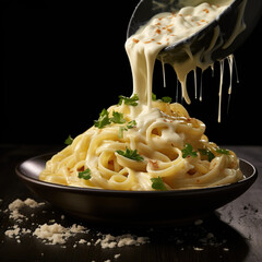 fettuccine alfredo with parmesan cheese isolated on black background - obrazy, fototapety, plakaty