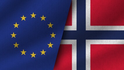 Norway and European Union Realistic Two Flags Together, 3D Illustration