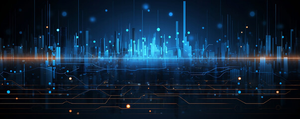 Vector illustration urban architecture, cityscape with space and neon light effect. Modern hi-tech, science, futuristic technology concept. Abstract digital high tech city design for banner background