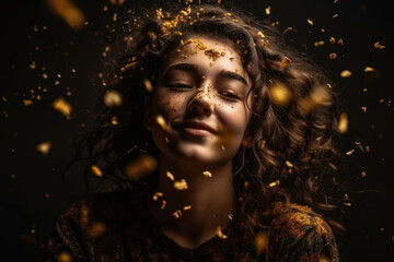 Golden Elegance: Woman Bathed in Falling Gold Flakes - Grace and Opulence in Mesmerizing Delight - Generative AI