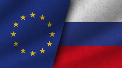 Russia and European Union Realistic Two Flags Together, 3D Illustration