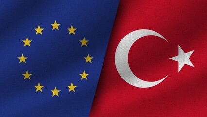 Turkey and European Union Realistic Two Flags Together, 3D Illustration