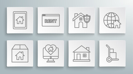 Set line Cardboard box with house, Hanging sign text Online Rent, Monitor heart shape, House, Hand truck and boxes, shield, Globe symbol and Tablet smart home icon. Vector