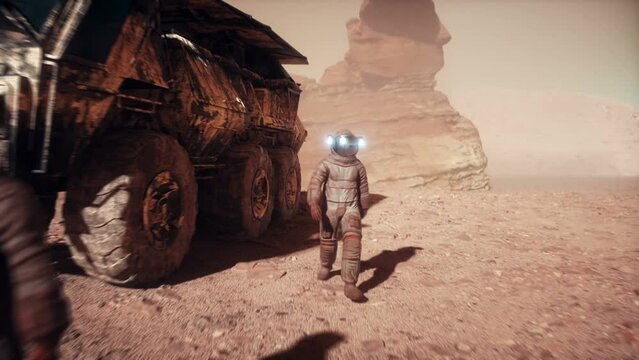 Martian, astronauts on mars planet. Rover transport. Realistic 4k animation.