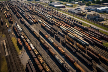 Numerous trains in the depot. Railway station from aerial perspective. Generative AI.
