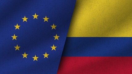 Colombia and European Union Realistic Two Flags Together, 3D Illustration