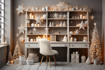 Christmas time with a desk of free space for your decorations, inviting creativity and personalization for the holiday season. Generative Ai.