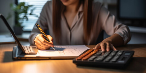 Business and finance concept, Business woman using calculator to calculate business data at office