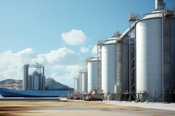 Obraz premium granary, metal structures for storage and export of wheat and corn. AI generated