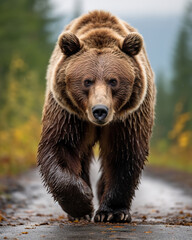 Obraz na płótnie Canvas brown bear on a road, generative ai 