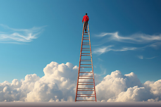 Concept of development, attainment, motivation, and career growth, with a hand reaching for a red ladder leading to a blue sky. Generative Ai.