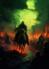 Death on horseback leads an army of the dead to war. Green fire illuminates the sky, generative ai 