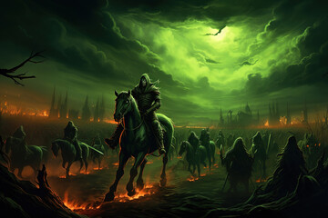 Obraz na płótnie Canvas Death on horseback leads an army of the dead to war. Green fire illuminates the sky, generative ai 