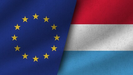 Luxembourg and European Union Realistic Two Flags Together, 3D Illustration