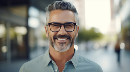 Obraz premium Portrait of happy mature man wearing spectacles and looking at camera outdoor. Man with beard and glasses feeling confident. Close up face of hispanic business man smiling, generative AI