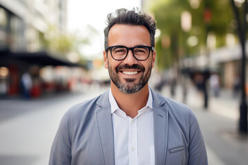 Portrait of happy mature man wearing spectacles and looking at camera outdoor. Man with beard and glasses feeling confident. Close up face of hispanic business man smiling, generative AI