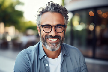 Portrait of happy mature man wearing spectacles and looking at camera outdoor. Man with beard and glasses feeling confident. Close up face of hispanic business man smiling, generative AI