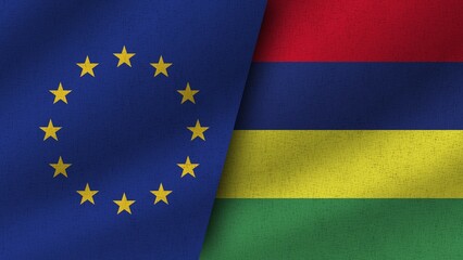 Mauritius and European Union Realistic Two Flags Together, 3D Illustration