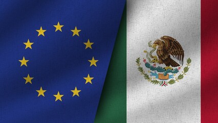 Mexico and European Union Realistic Two Flags Together, 3D Illustration