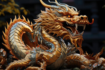 Showcasing a Chinese dragon made of gold, symbolizing prosperity and good fortune in celebration of Chinese New Year. Provided with a clipping path for easy editing. Generative Ai.
