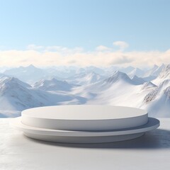 White podiums for product display on the background mountains with snow sky are blue.