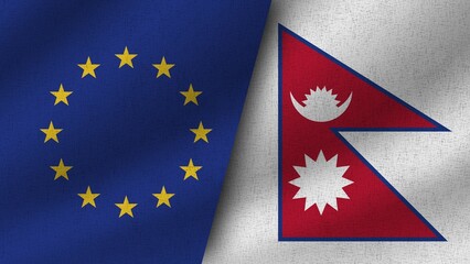 Nepal and European Union Realistic Two Flags Together, 3D Illustration