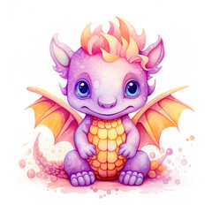 Cute baby dragon sitting isolated on white. Watercolors, and fantastic animals in a cartoon style on a white background