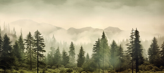 Misty landscape with fir forest in hipster vintage retro style