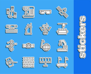 Set line Router and wi-fi signal, Robotic robot arm hand factory, Factory conveyor system belt, Smart glasses, Test tube flask fire, Motion sensor, Computer network and icon. Vector