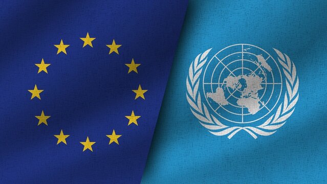 United Nations and European Union Realistic Two Flags Together, 3D Illustration