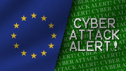 Cyber Attack Alert and European Union Realistic Two Flags Together, 3D Illustration