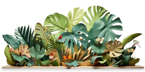 The items of the company are displayed on a platform constructed of monstera and paper palm fronds. This is a tropical summer leaf. A lush rainforest landscape was created in Hawaii using origami