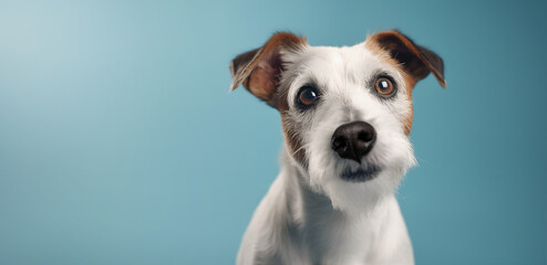Funny studio portrait of a cute smiling puppy, isolated on a blue background. The new lovely family member is a small Terrier dog. Pet care concept. Ai generetive
