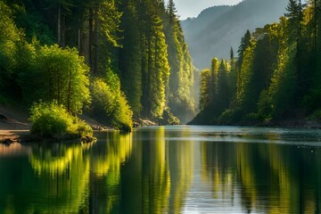 reflection of trees in water  generated by AI technology 