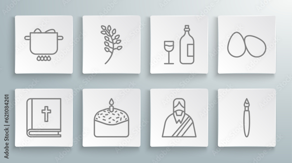 Sticker Set line Holy bible book, Willow leaf, Easter cake and candle, Jesus Christ, Paint brush, Wine bottle with glass, eggs and Egg hot pot icon. Vector