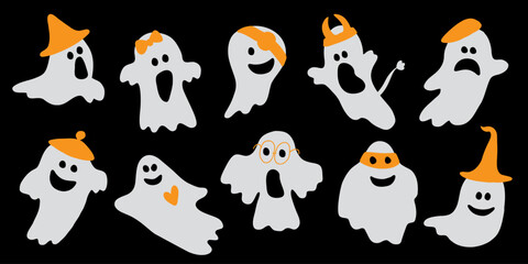 Set of funny Halloween ghosts. Flat vector illustration. Autumn holiday decor element.