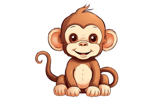 Illustration of cute brown monkey character isolated on transparent png background. Generative AI.