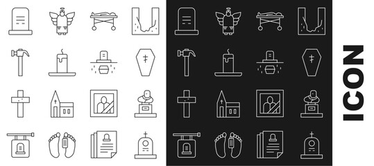 Set line Grave with tombstone, Coffin cross, Dead body the morgue, Burning candle, Hammer, and coffin icon. Vector