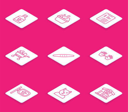 Set line Dog medicine bottle, Pets bath, Grooming salon price list, stroller, Nail file pet, Medical rubber gloves, grooming and Cat icon. Vector