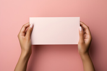 Obraz premium blank white paper card in woman's hands on pink background, mock up