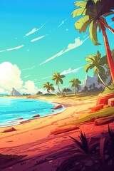 The image is a beautiful outdoor nature panoramic banner for a web traveling site, featuring a tropical beach scene with palm trees and sandy sea coast. (Illustration, Generative AI)