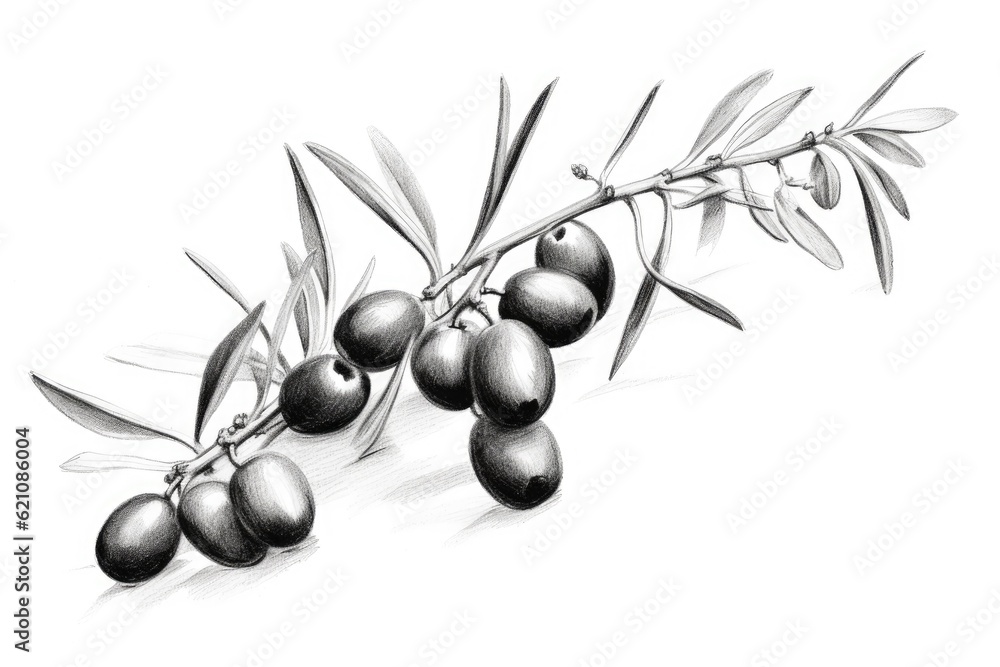 Poster olives drawn in a continuous line. a black and white sketch with a basic line. based on a photo